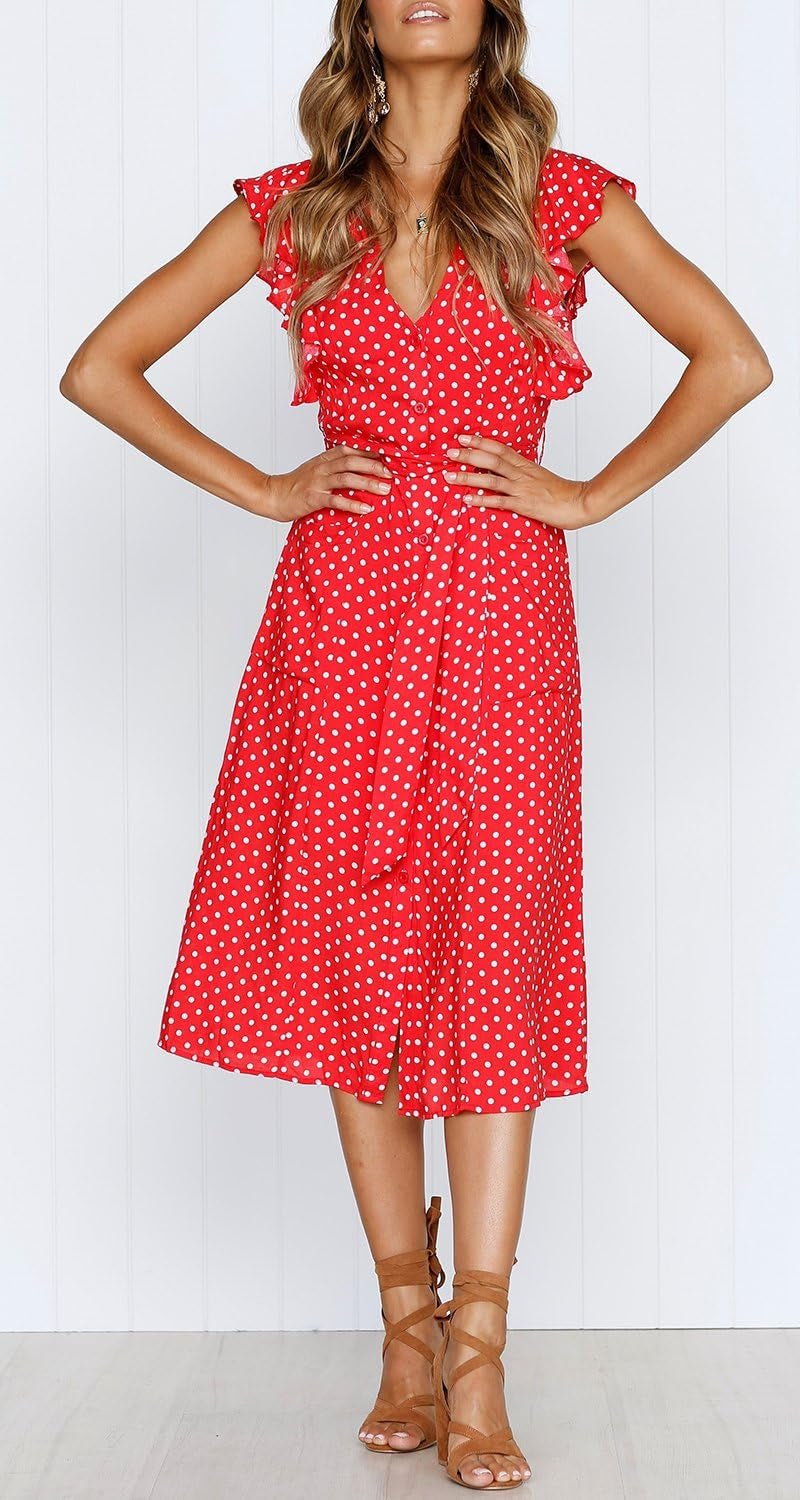 Women'S Boho Polka Dot Flutter Short Sleeve V Neck Button down Swing Midi Dress with Pockets