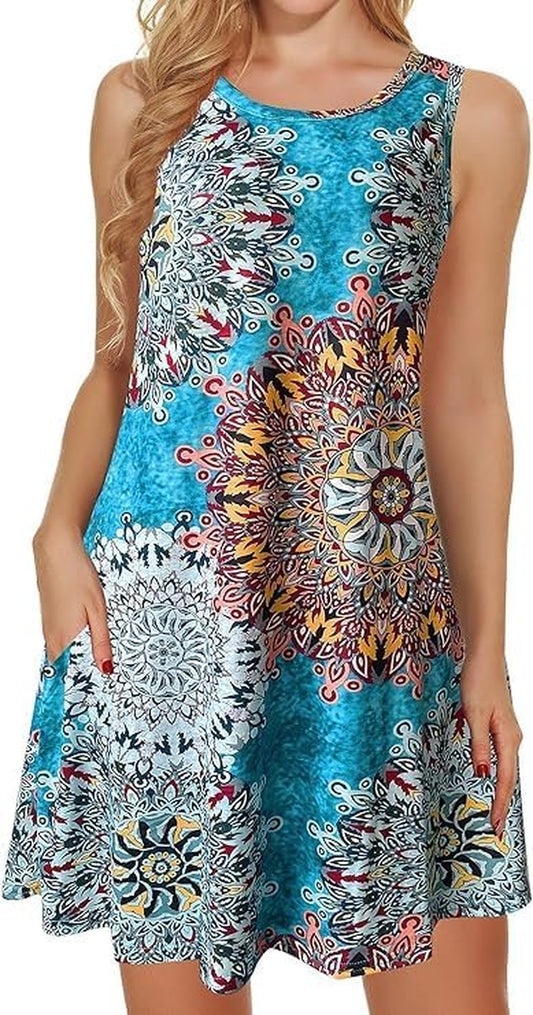 Women'S Summer Dresses 2025 Beach Casual Sleeveless Floral Print Tank Loose Sundress with Pocket