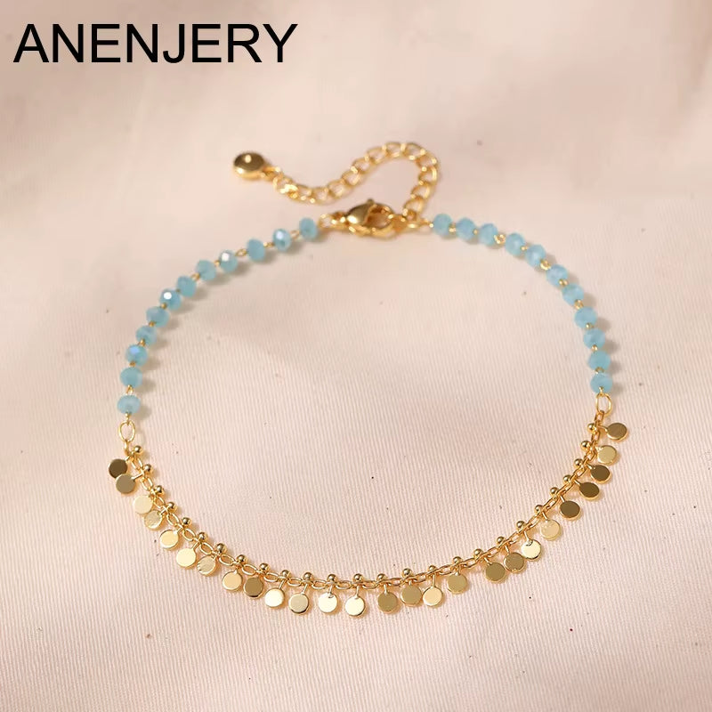18K Gold Plated Tassels Charm Anklet for Women Boho Summer Bracelet Blue Stone Beaded Handmade Jewelry Wholesale