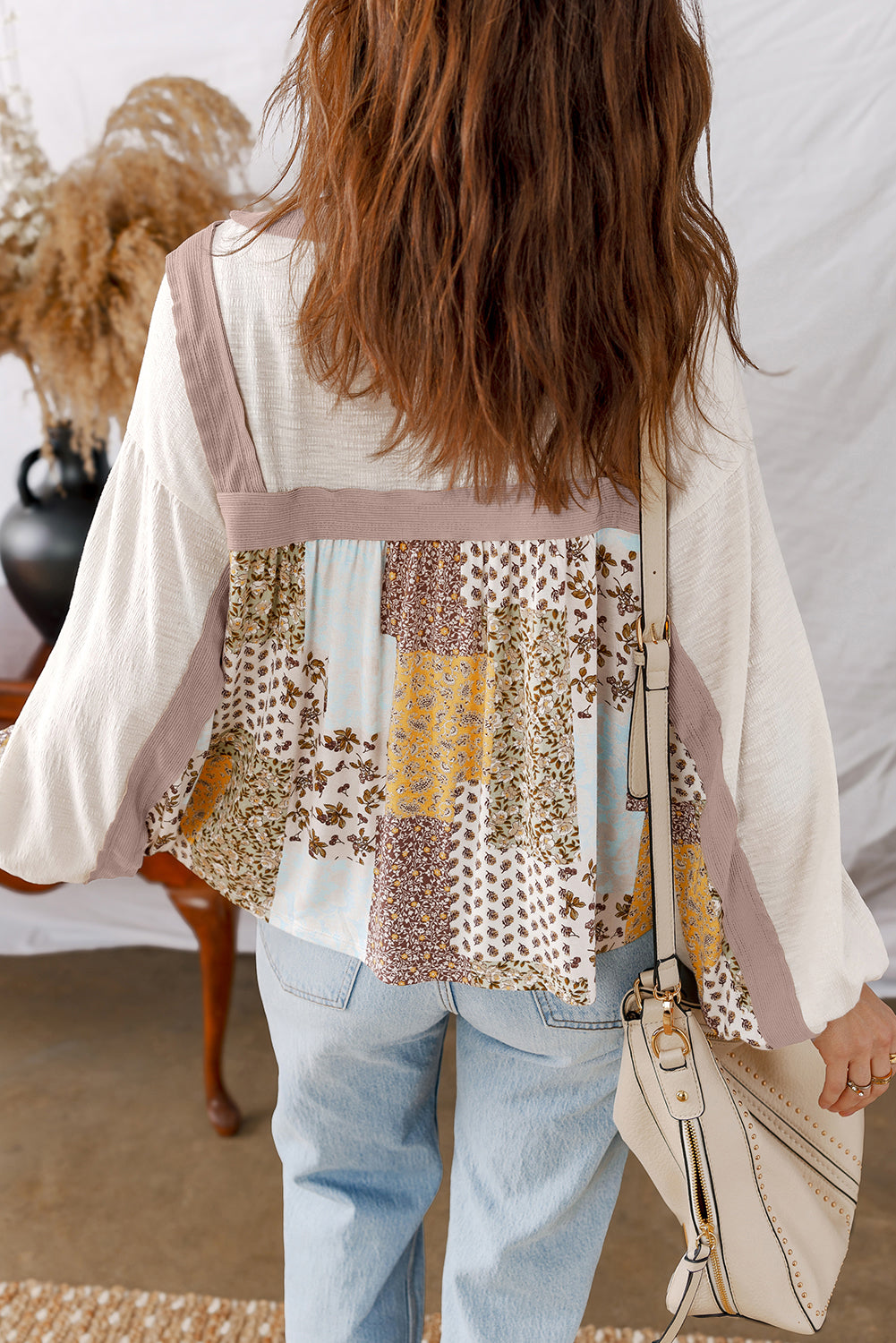 White Floral Print Patchwork Long Sleeve Top
