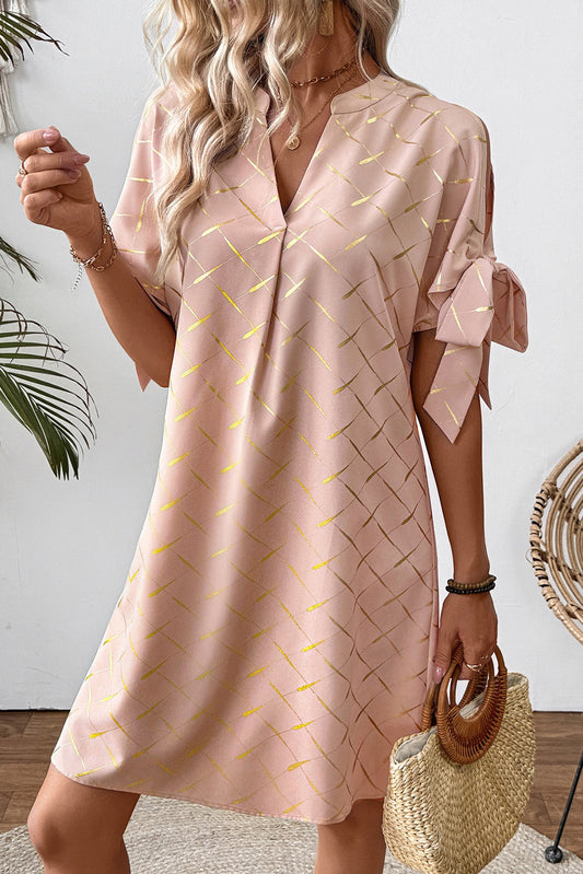 Apricot Pink Geometric Print Knot Sleeve V Neck Mini Dress