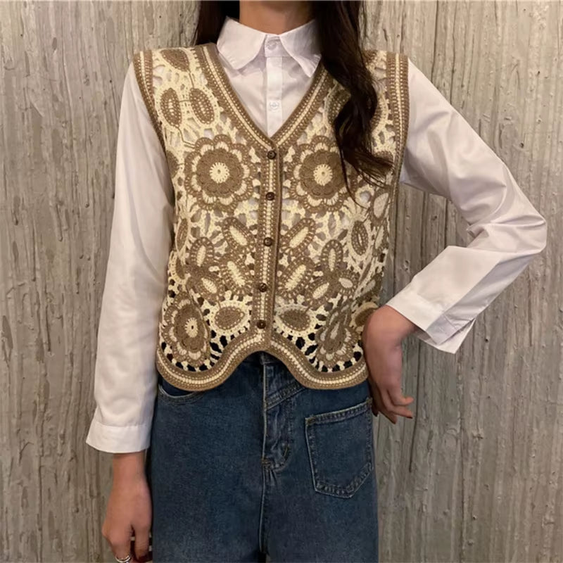 Women Vintage Hollow Out Crochet Crop Top Vest Embroidery Floral Sleeveless Jacket Cardigan Button down Boho Hippie Casual New