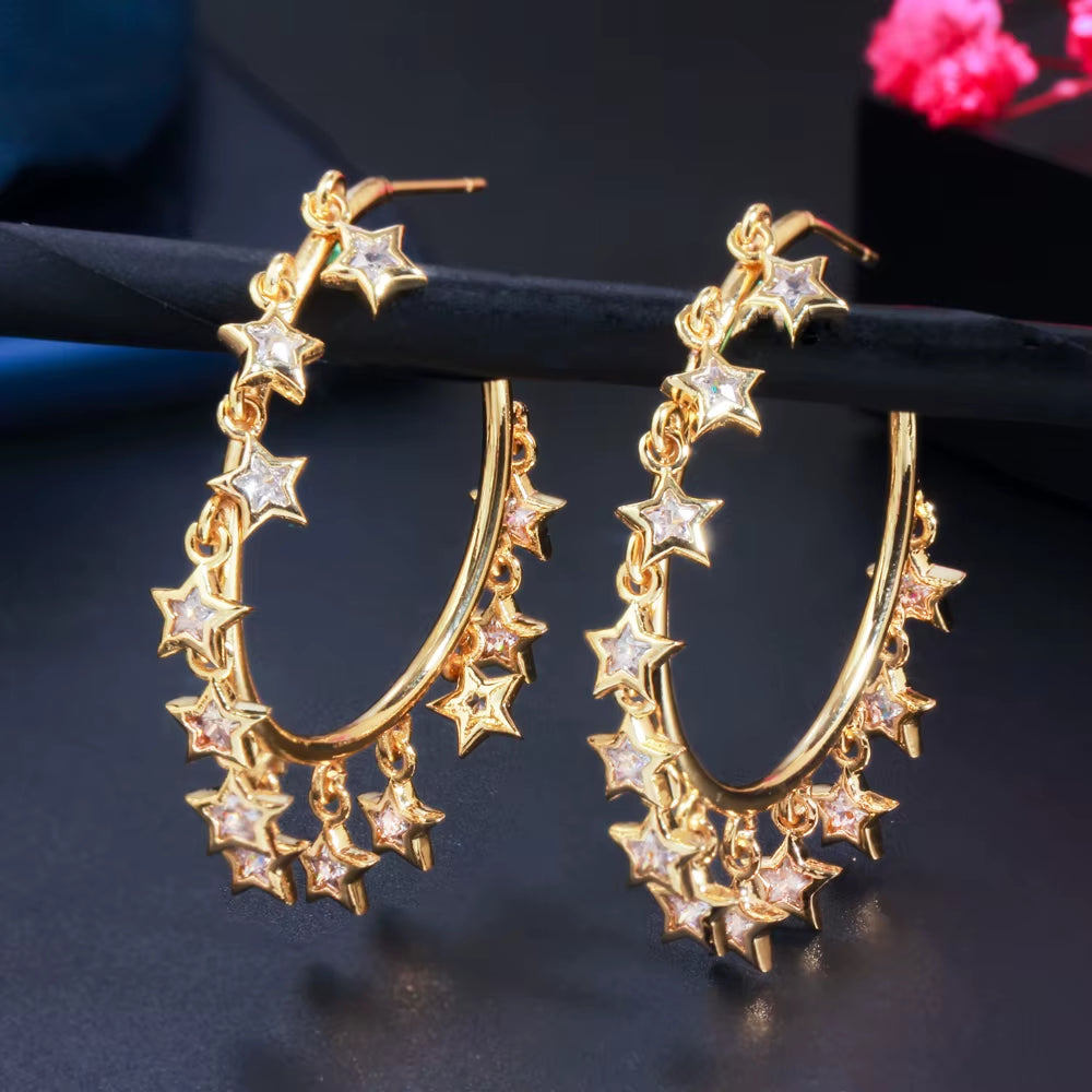 Chic Gold Color Rainbow CZ Big Circle round Dangle Tassel Drop Charms Hoop Earrings for Women 2021 Boho Jewelry CZ818