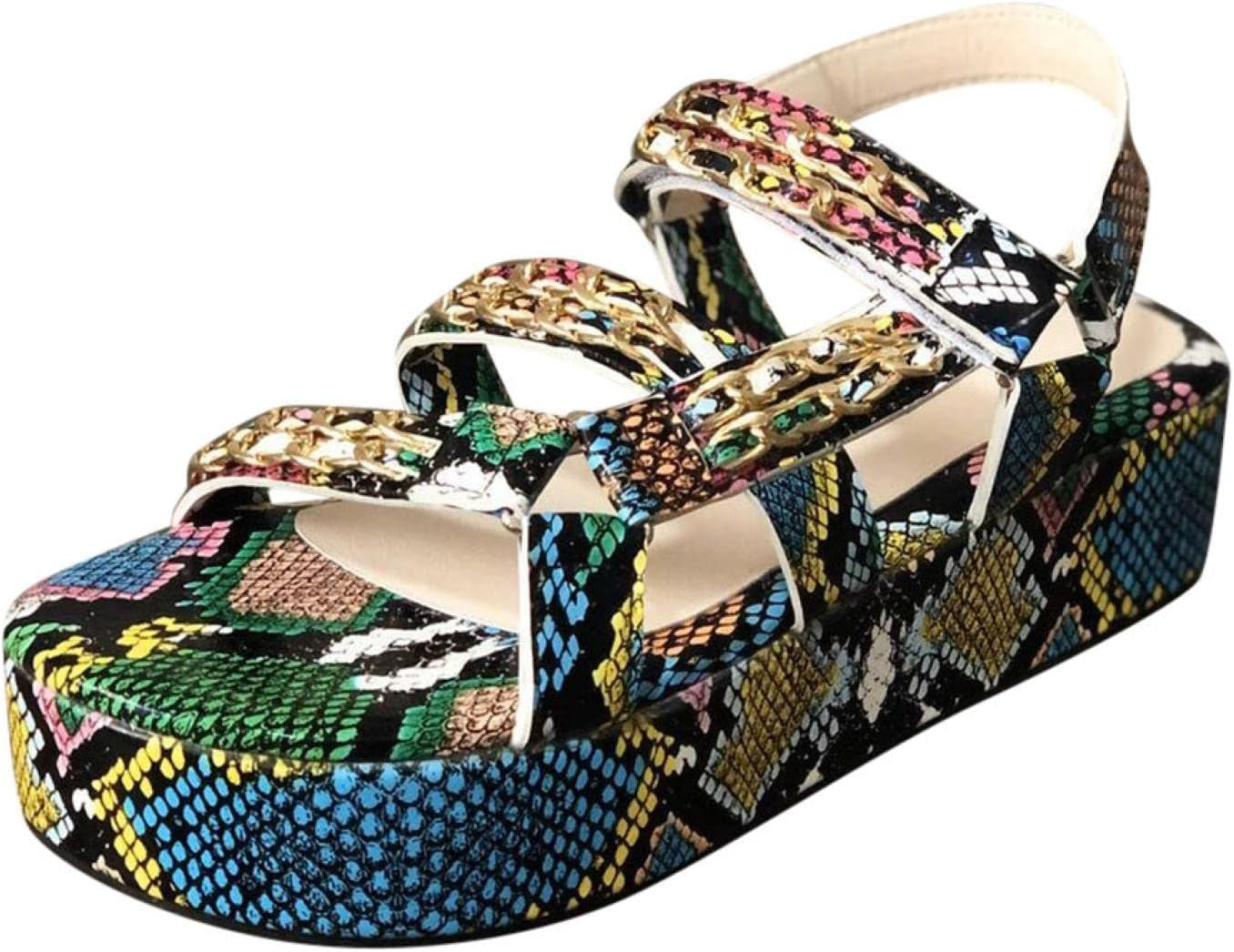 Womens Snakeskin Platform Shoes Beach Sandals Multicolor Open Toe Wedge Sandals Shoes(Multicolor,11)