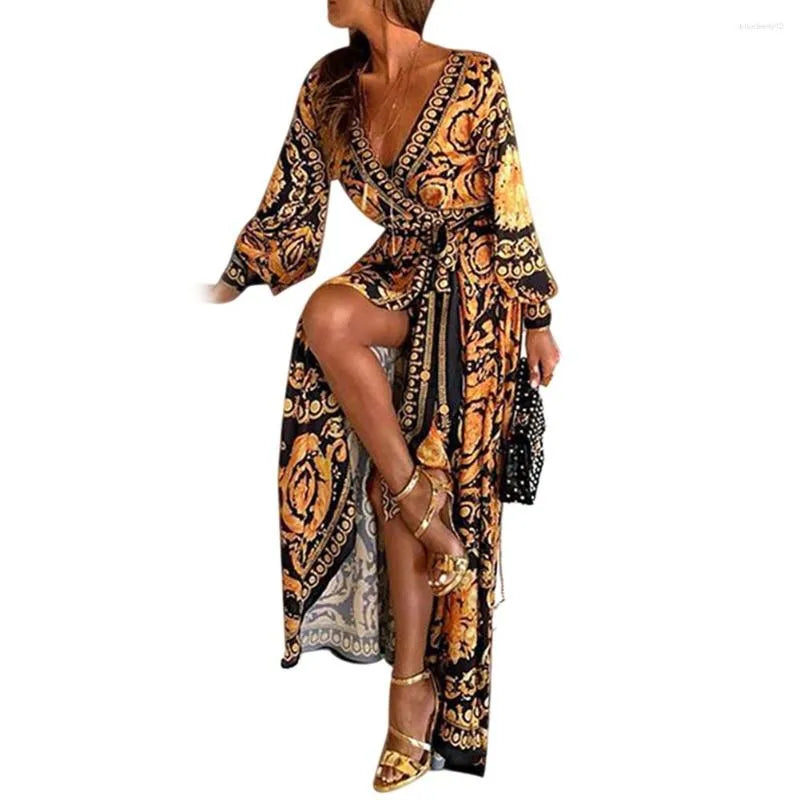 Casual Dresses Womens Boho V-Neck Vintage Printed Dress Large Swing Split Sundress Long Maxi for Summer