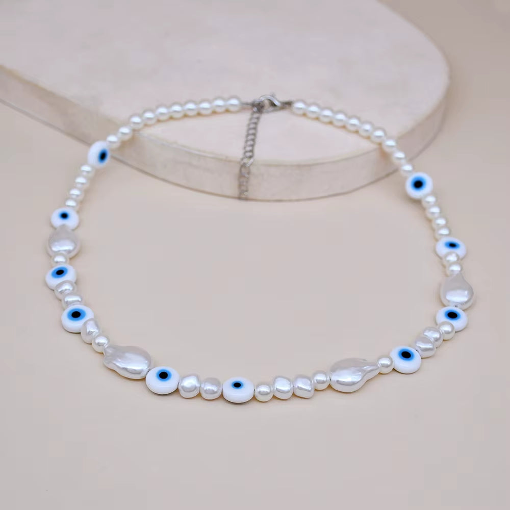 4 Colors Choice Boho Murano Glass Evil Eye Beads Necklace Handmade Turkish Evil Eye Baroque Pearl Chokers Women Jewelry