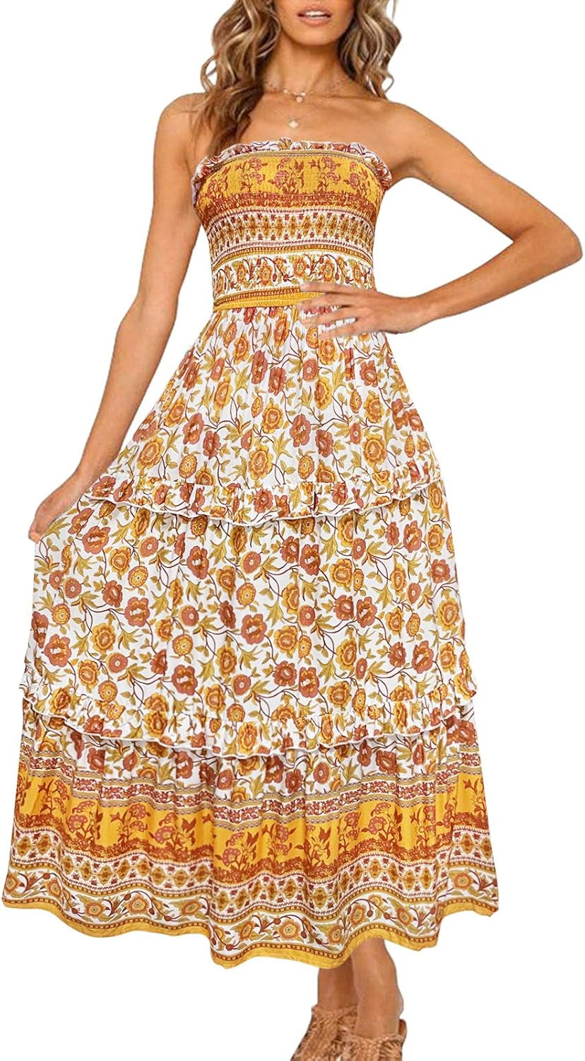 Women'S Summer Strapless Dress off Shoulder Sleeveless High Waist Solid Color Beach Long Dresses