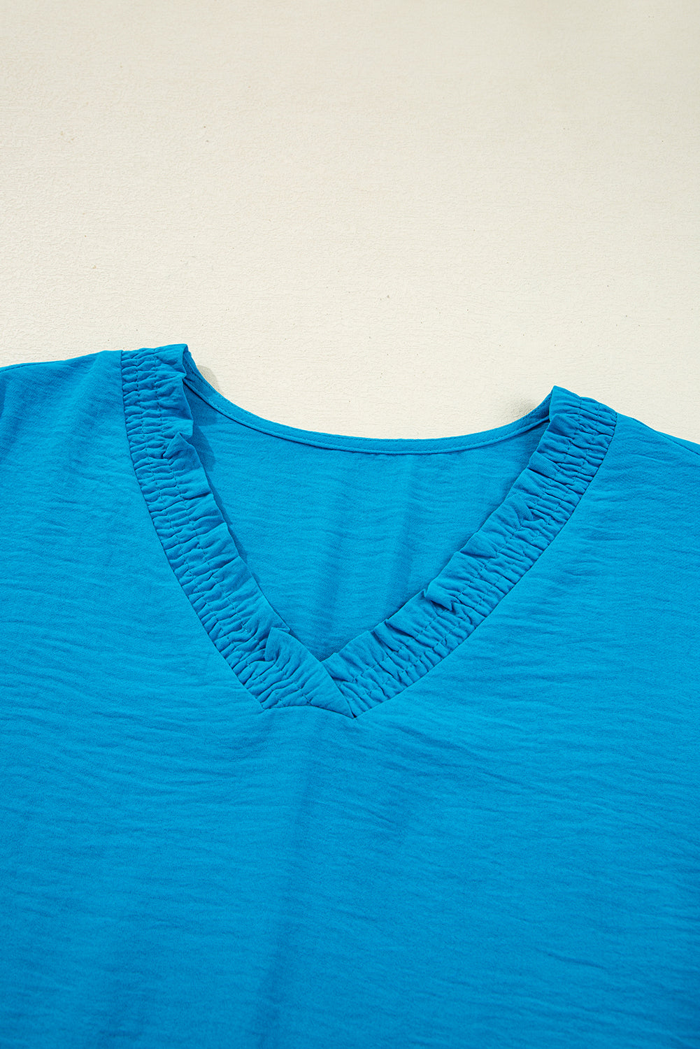 Sky Blue Frill V Neckline Puff Sleeve Crinkled Blouse