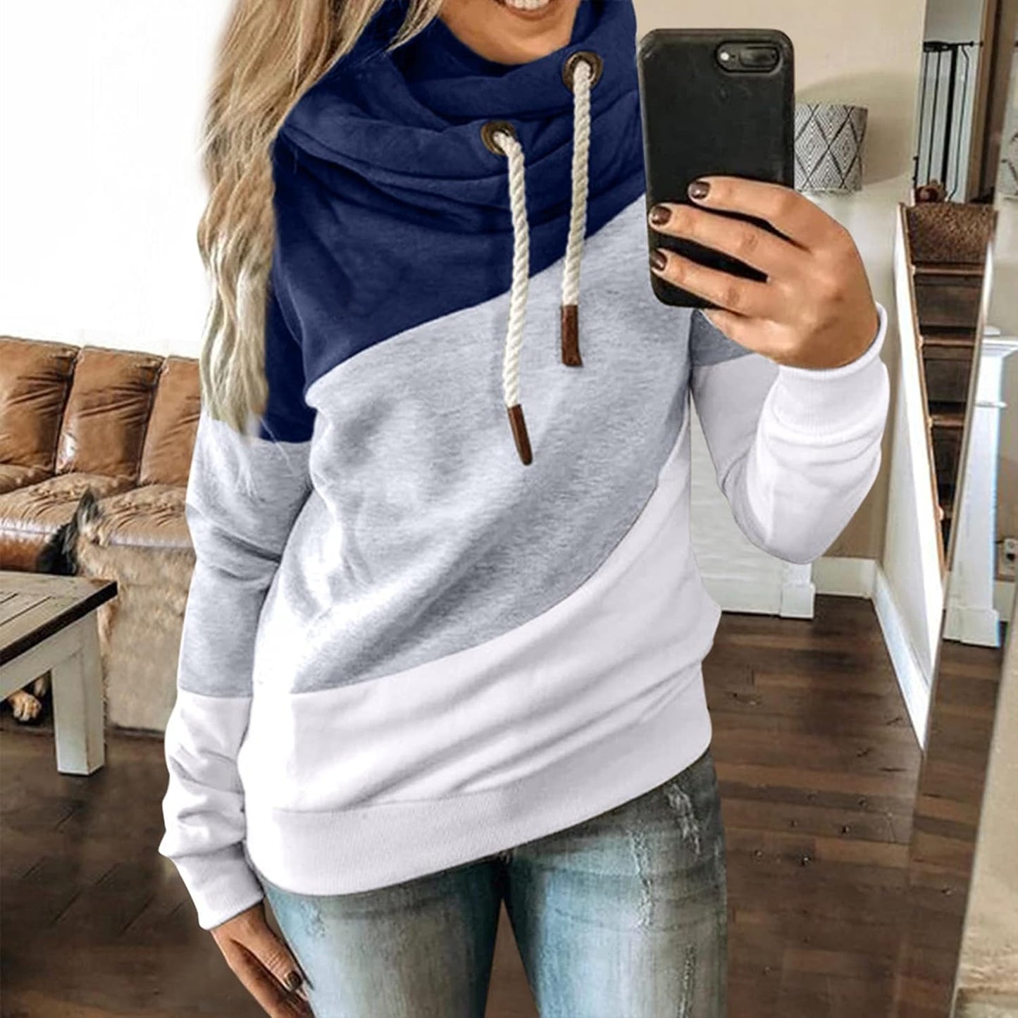 Women Color Block Sweatshirts Turtleneck Pullovers Sweater High Neck Tops Autumn Winter Hoodies Coat