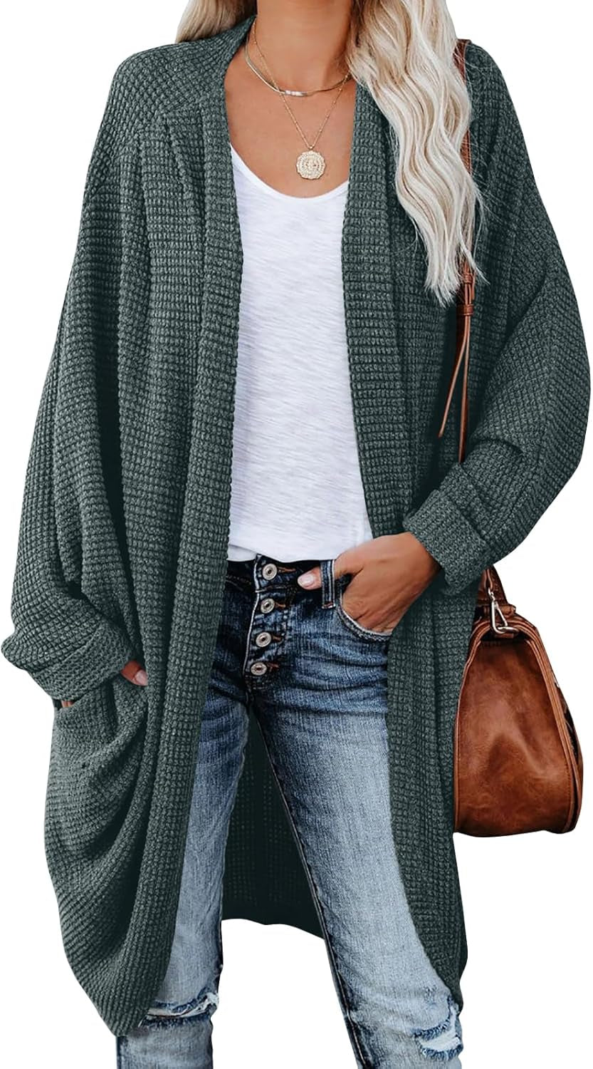 Womens Open Front Knit Cardigan Long Batwing Sleeve Oversized Sweater Chunky Waffle Cable Boho Pockets Coat