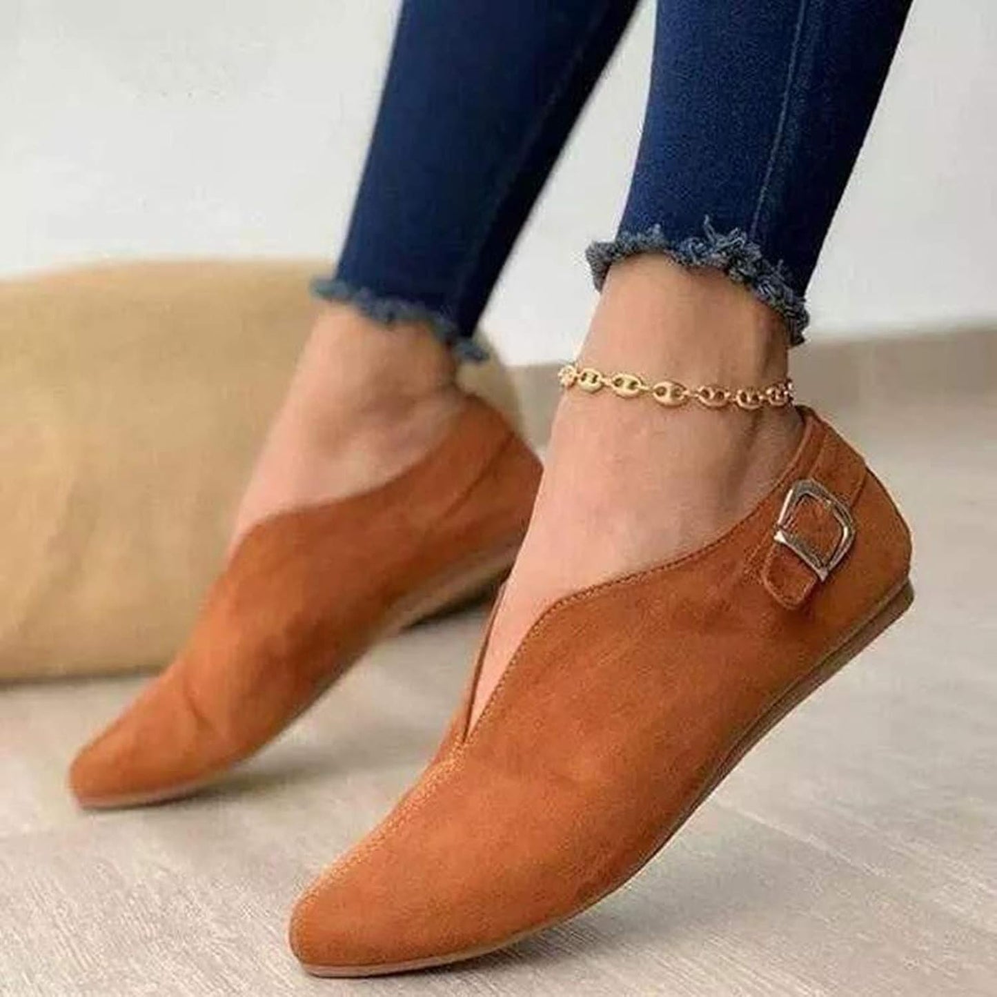 Women Pointed Toe Flats Comfy Suede Flat Shoes Solid Classic Soft Ballet Flat Slip-On Loafer Casual Daily Wear Brown