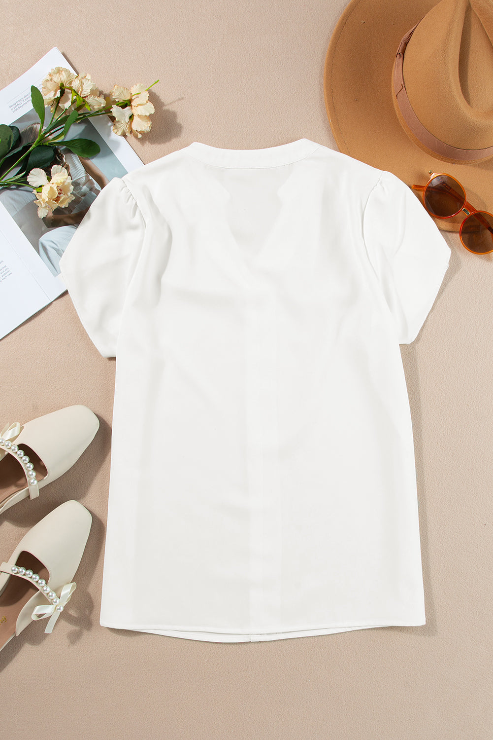 White Button Notched Neck Petal Sleeve Blouse
