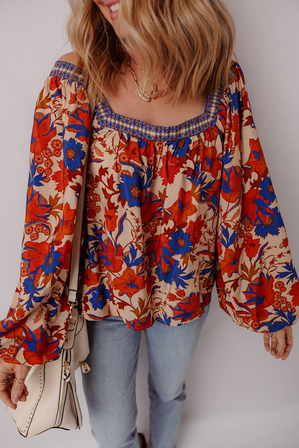 Multicolour Floral Print Square Neck Loose Fit Blouse