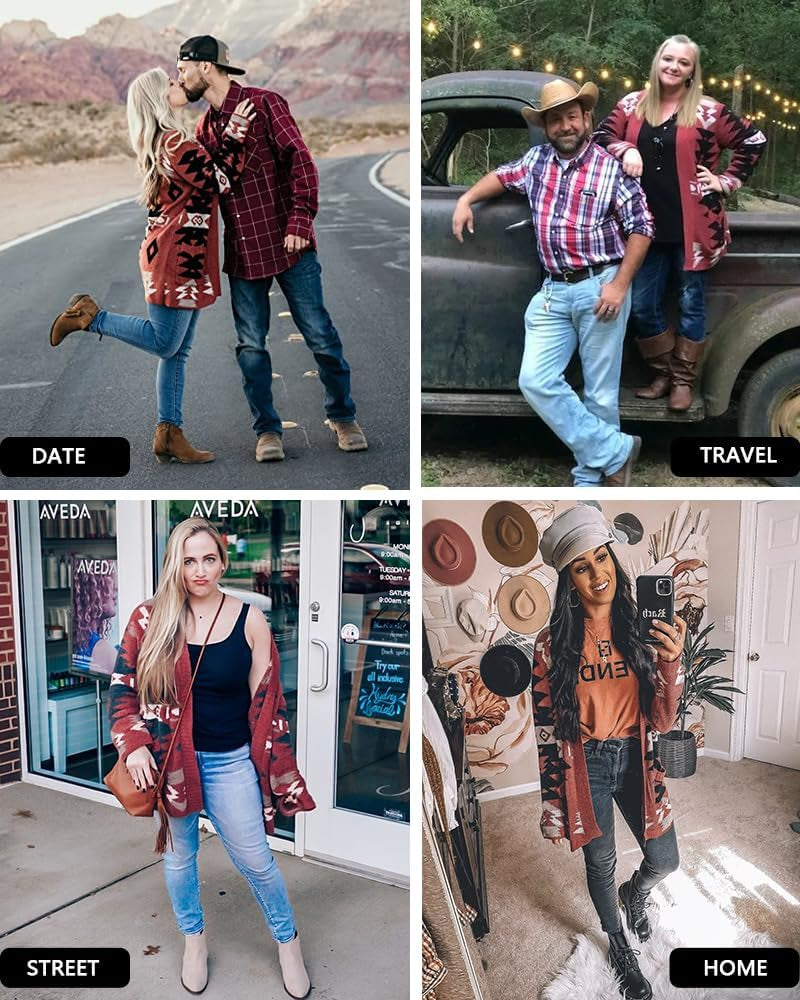 Women Boho Cardigan Aztec Open Front Loose Slouchy Sweaters Tribal Long Sleeve Knitted Christmas Jacket Coat