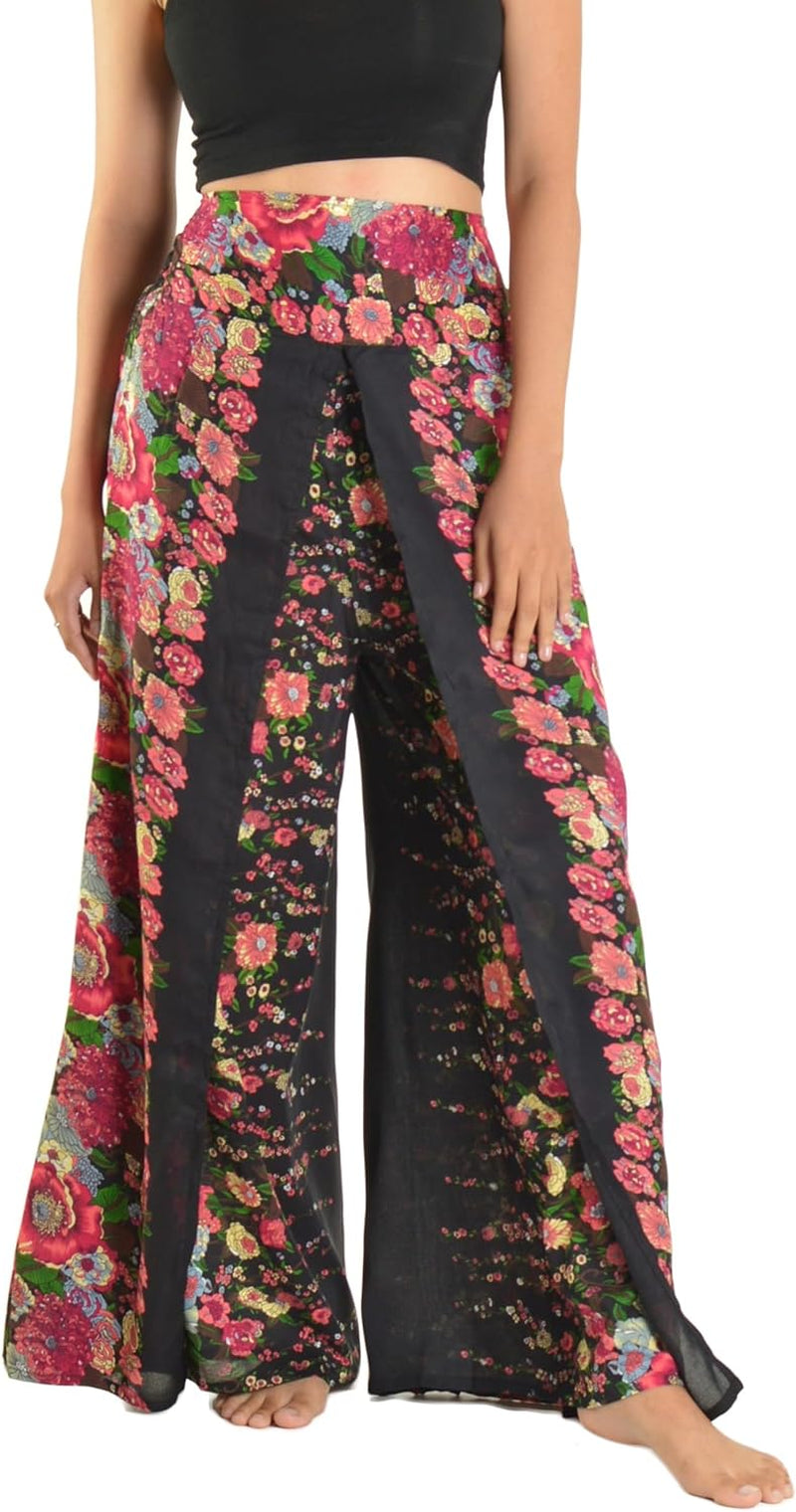 Womens Palazzo Slit Leg Wide Leg Wrap Pants Casual Beach Boho Hippie Bohemian Pilates Flowy Pants Sizes 2-18