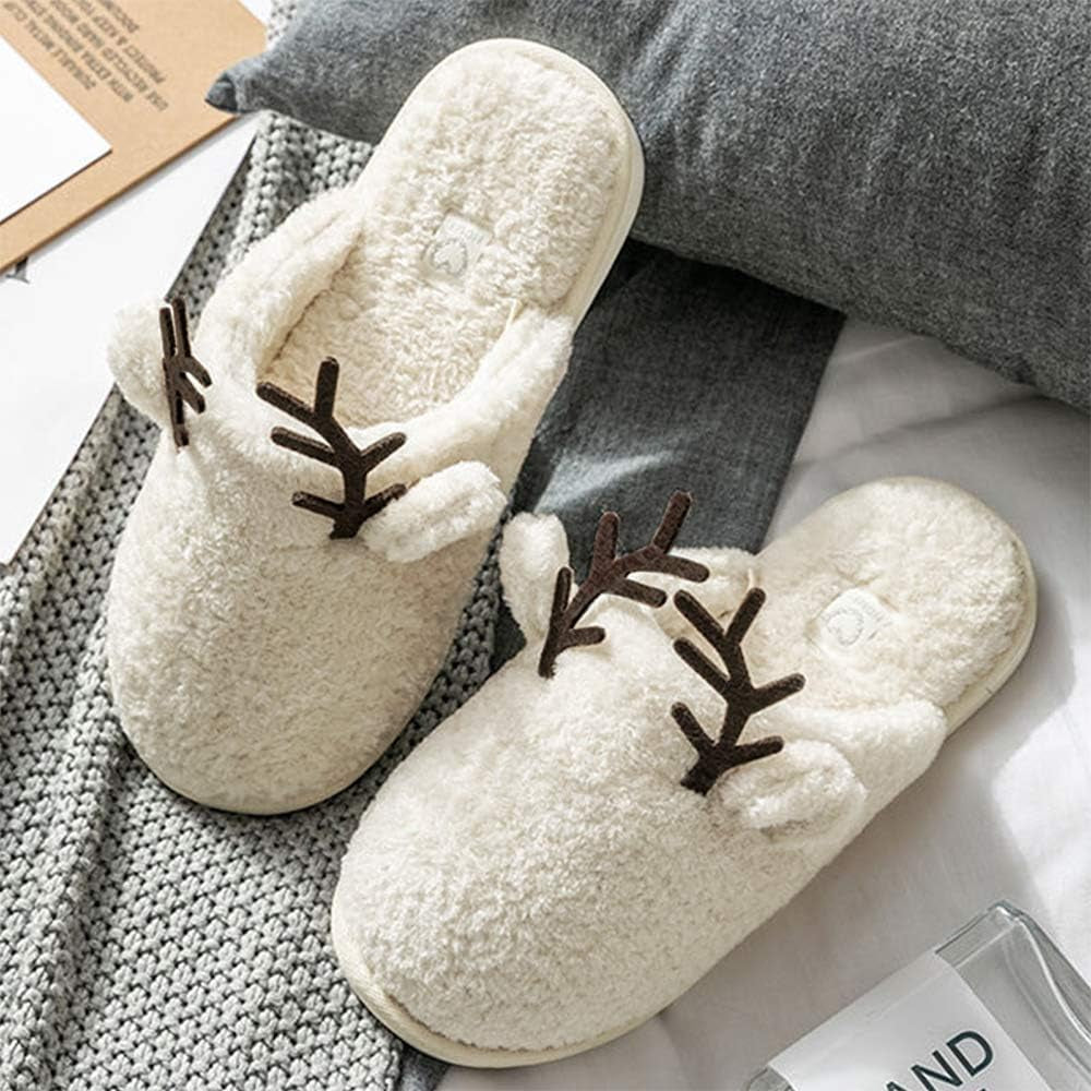 Women'S Cozy Fuzzy Fleece Slippers Memory Foam House Shoes Slide on Reindeer anti Slip Bedroom Slippers Indoor Outdoor