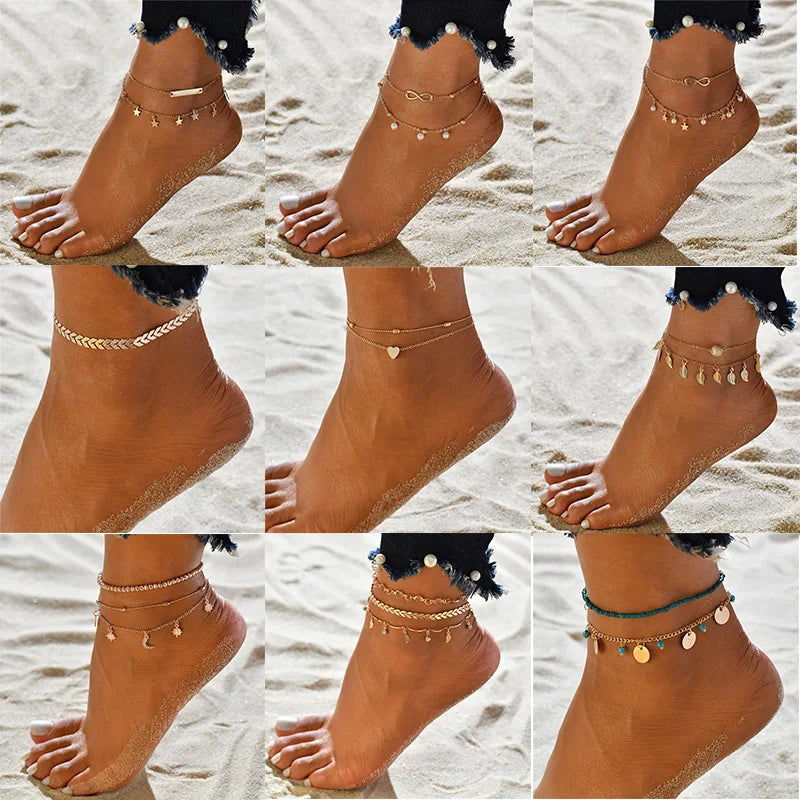 Boho Double Layer Anklets for Women Pearl Streaming Pendant Foot Chains 8 Shape Beach Bracelet Anklets Solar System Bracelet