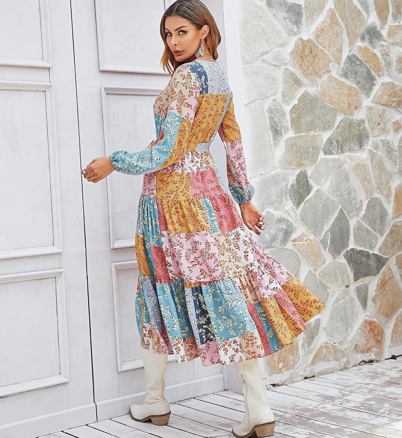 Womens Boho Fall Floral Print Ruffle Wedding Guest Deep Wrap V Neck Long Sleeve Casual Flowy Party Maxi Dress