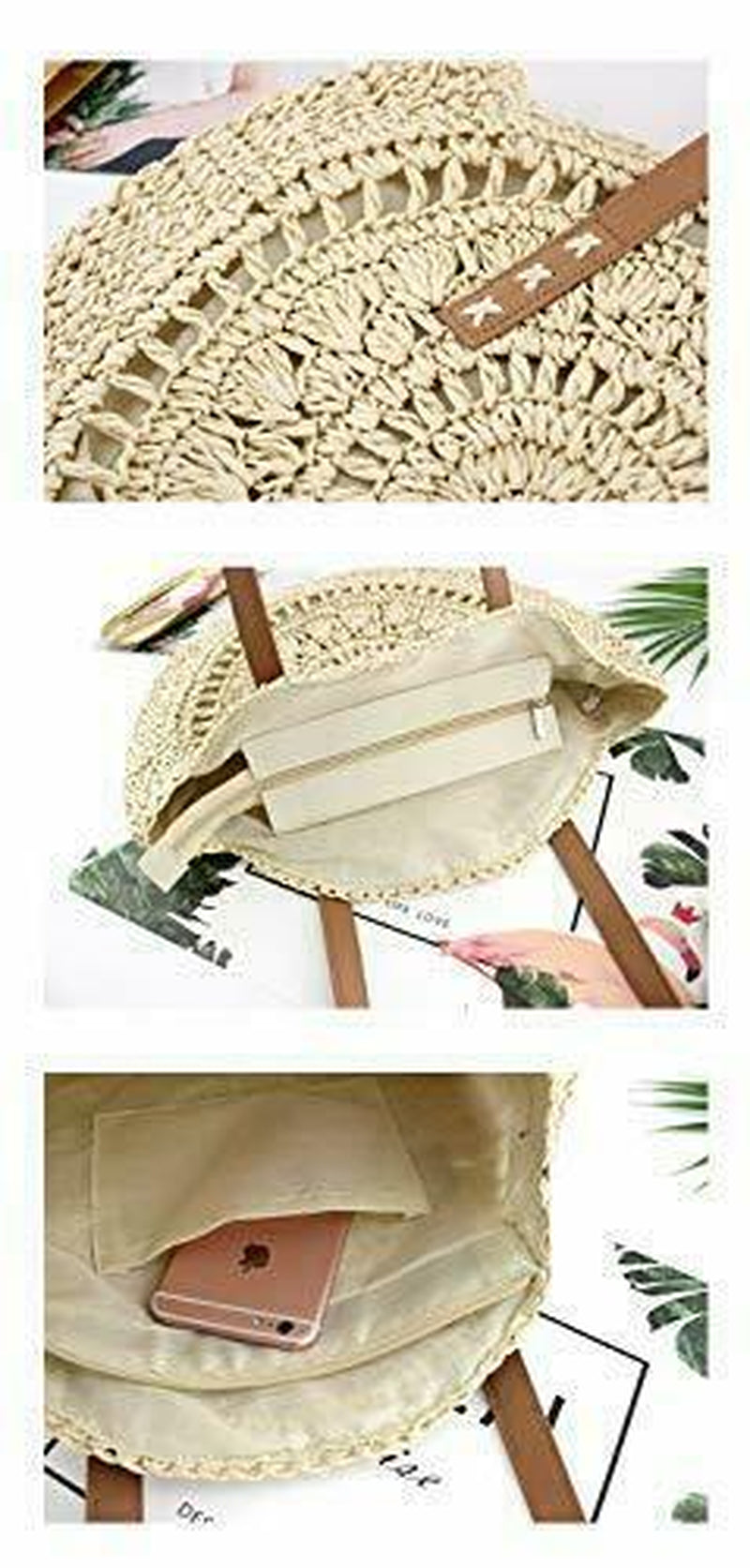 Beach Bag Straw Natural Chic Large round Bohemian Shoulder Hand Bag -Khaki