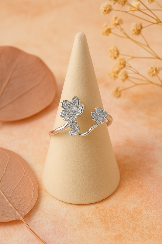 1Pc 925 Sterling Silver Adjustable Flower Ring with Artificial Zirconia – Elegant & Romantic Design