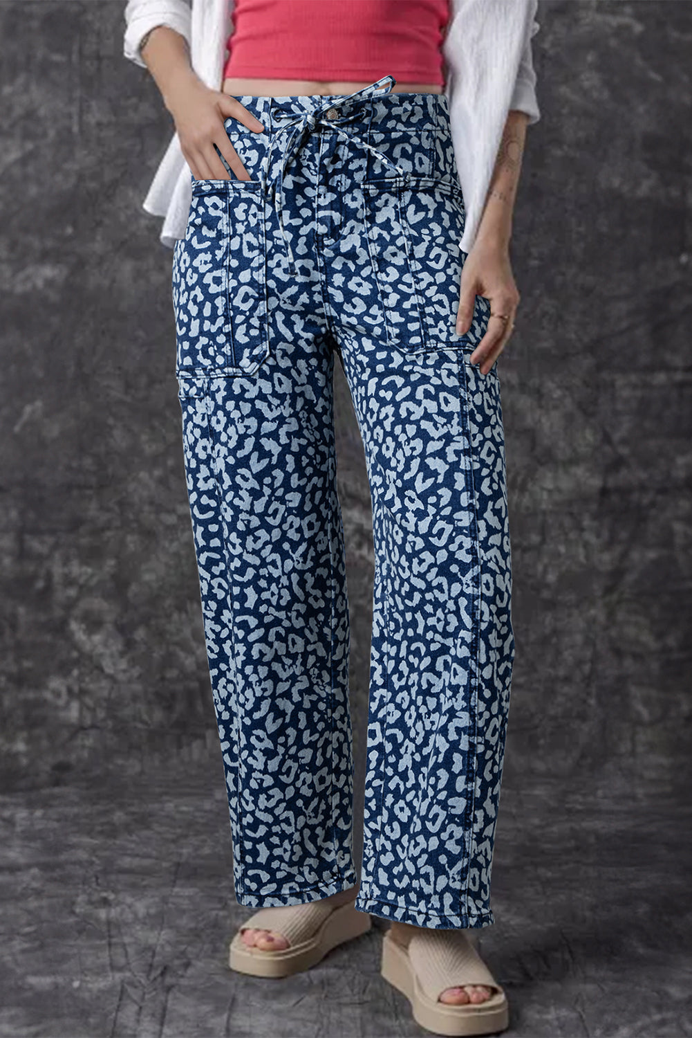 Blue Leopard Print Drawstring Waist Pocketed Wide Leg Jeans