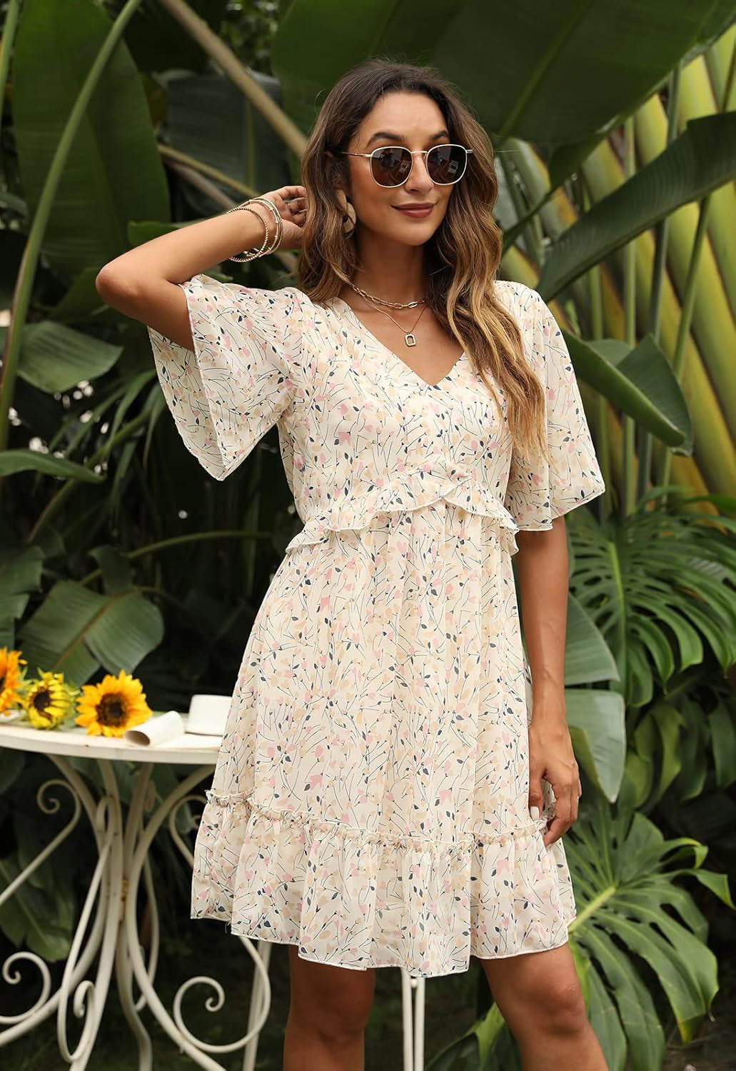Women'S Chiffon Floral Print V Neck Casual Mini Boho Ruffle Swing Dress MY068
