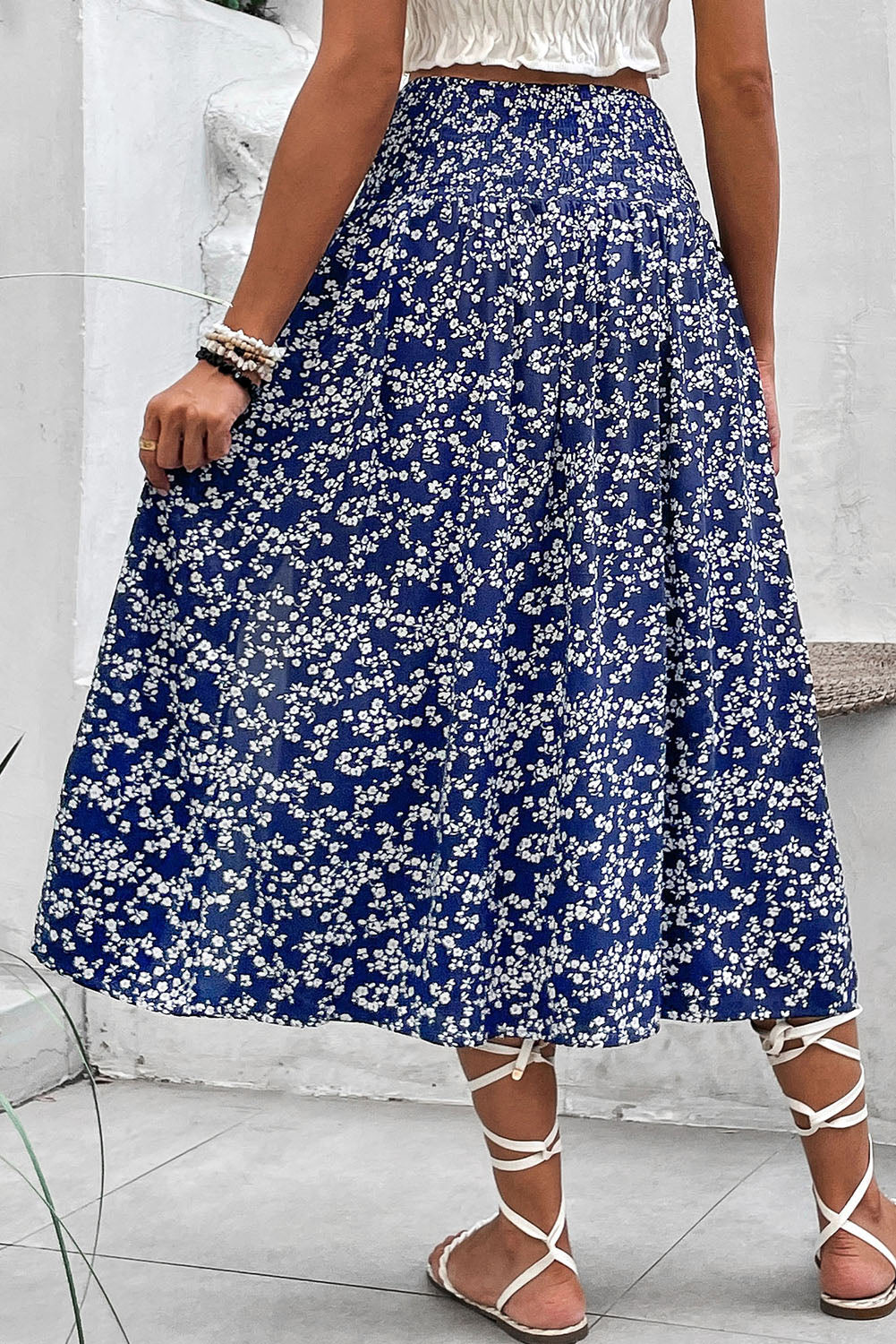 Navy Blue Floral Print Side Split Long Skirt