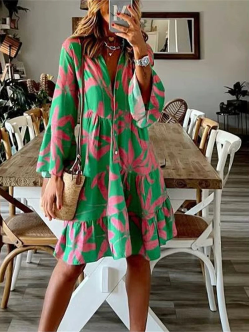 Autumn Boho Vacation Shirt Dresses for Women Sexy V-Neck Flare Sleeve Elegant Ruffles Print Dress Spring Casual Loose Dress