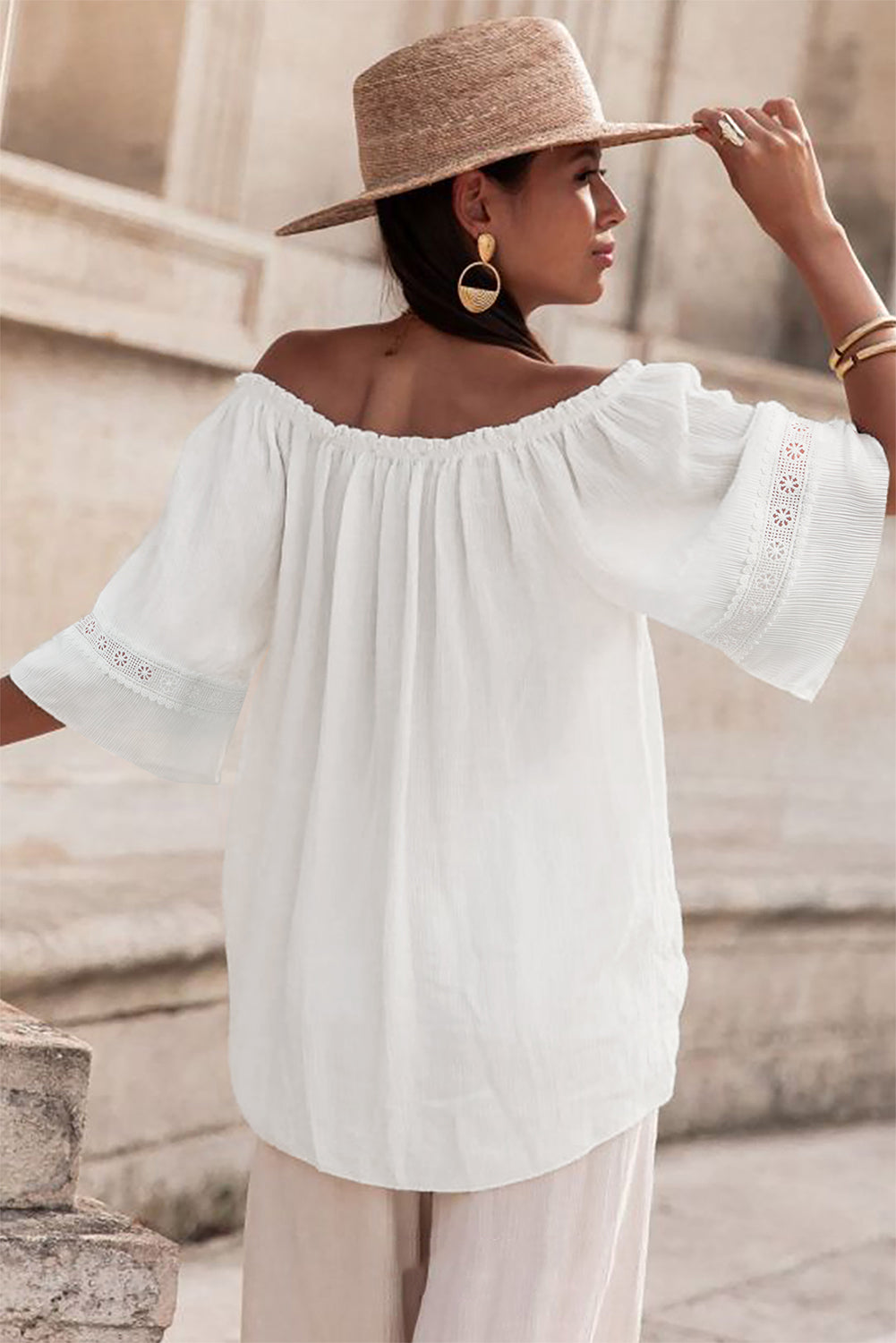 White Textured Frill Off Shoulder Lace Insert Sleeve Blouse
