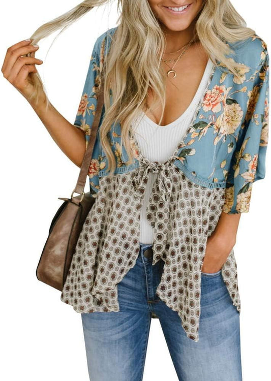Women Floral Kimono Cardigans 3/4 Ruffle Sleeve Lightweight Patchwork Flowy Boho Tie Loose Cover Ups