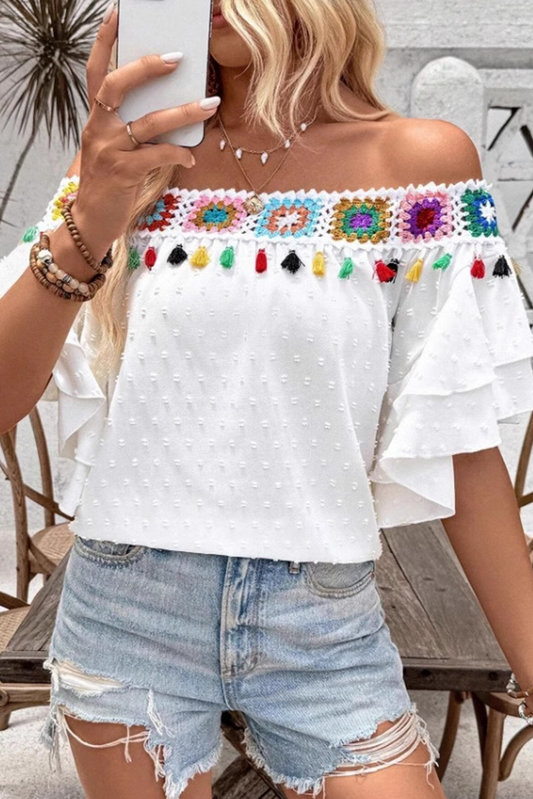White Tassel Crochet Floral Off Shoulder Ruffle Sleeve Top