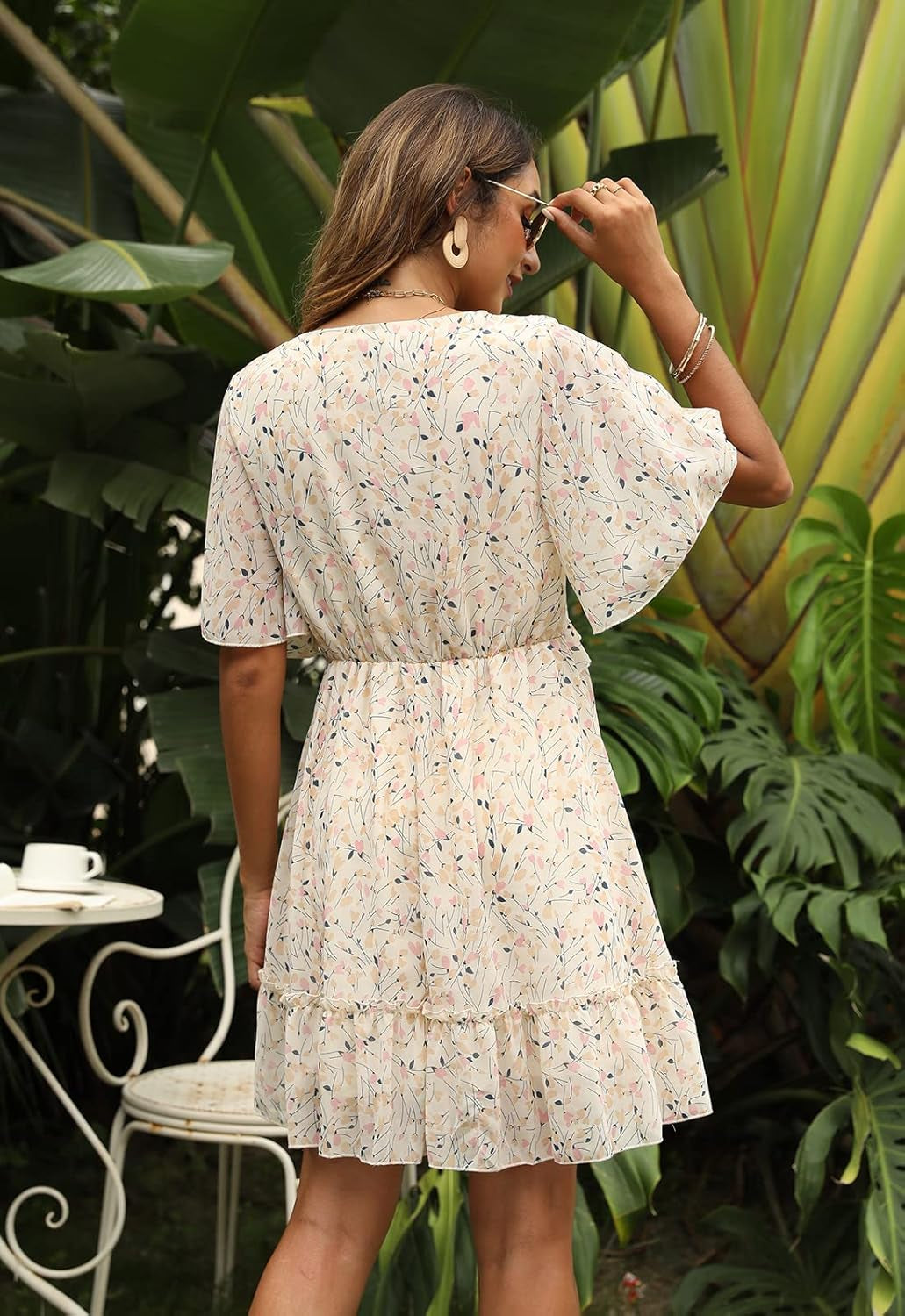 Women'S Chiffon Floral Print V Neck Casual Mini Boho Ruffle Swing Dress MY068