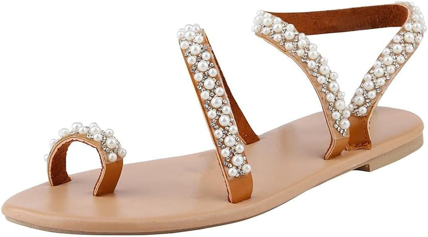 Boho Flat Sandals for Women,Rhinestones Pearl Design Toe Ring Jeweled Sandals Slip on Casual Beach Shoes for Wedding Bride Bridesmaid Ladies
