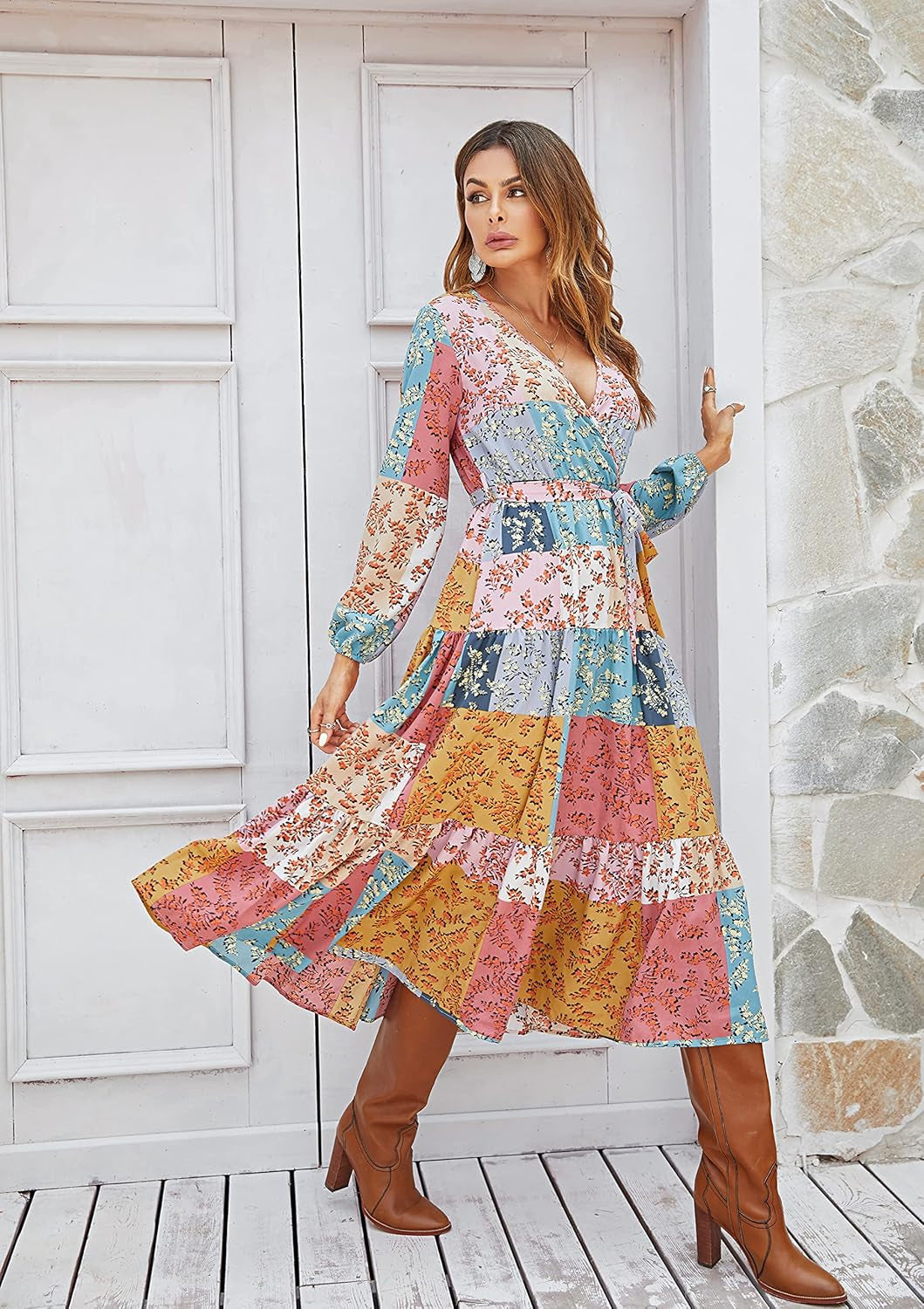 Womens Boho Fall Floral Print Ruffle Wedding Guest Deep Wrap V Neck Long Sleeve Casual Flowy Party Maxi Dress