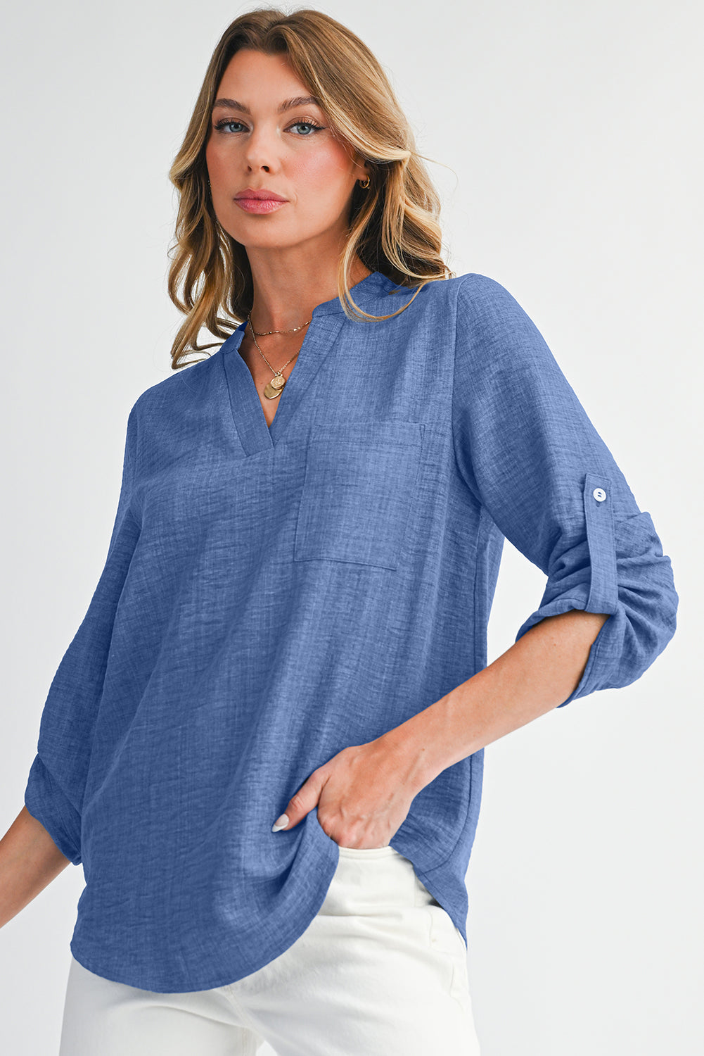 Ashleigh Blue Chest Pocket V Neck Plain Roll-up Sleeve Blouse