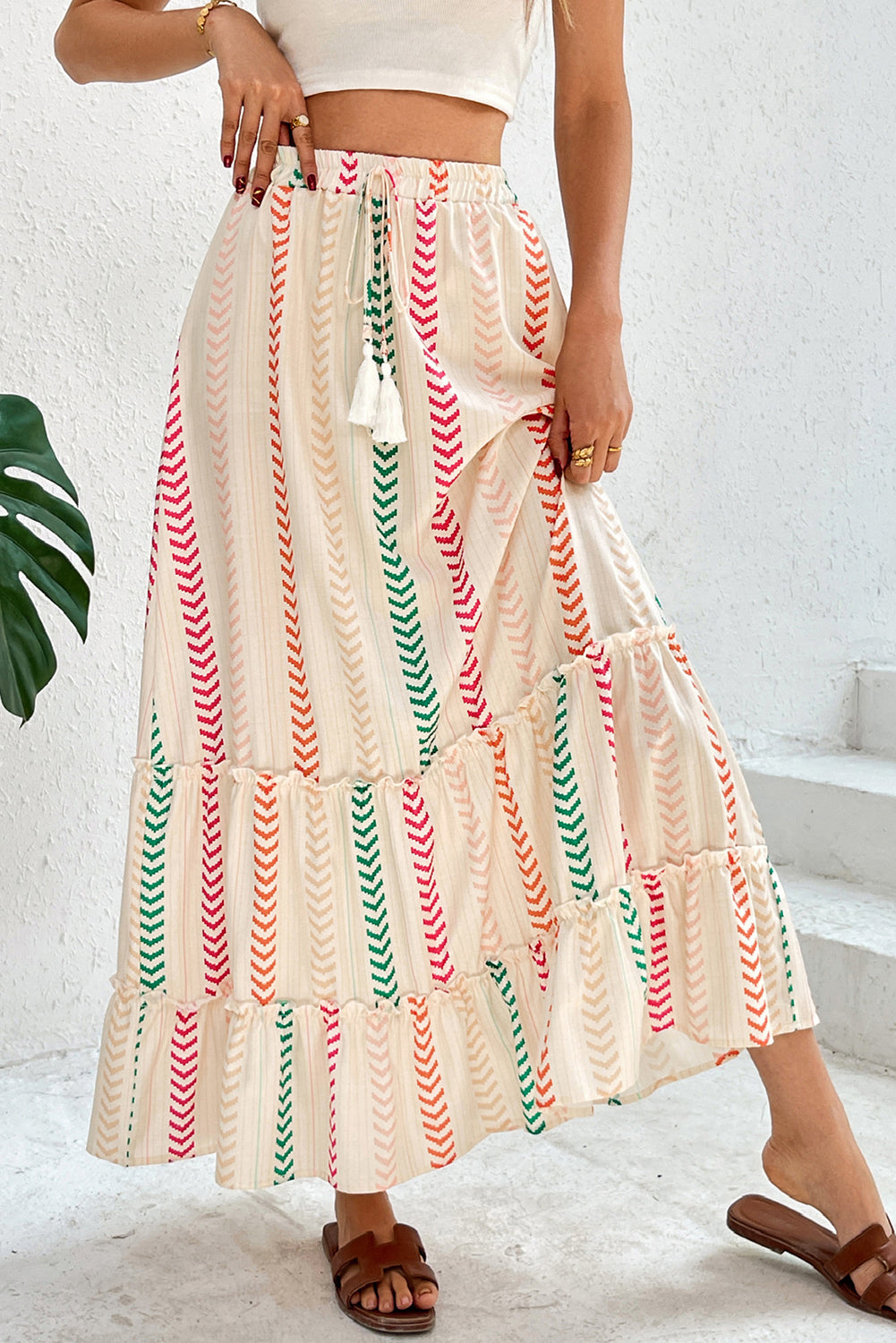 Multicolour Stripe Boho Tassel Tie Waist Tiered Maxi Skirt