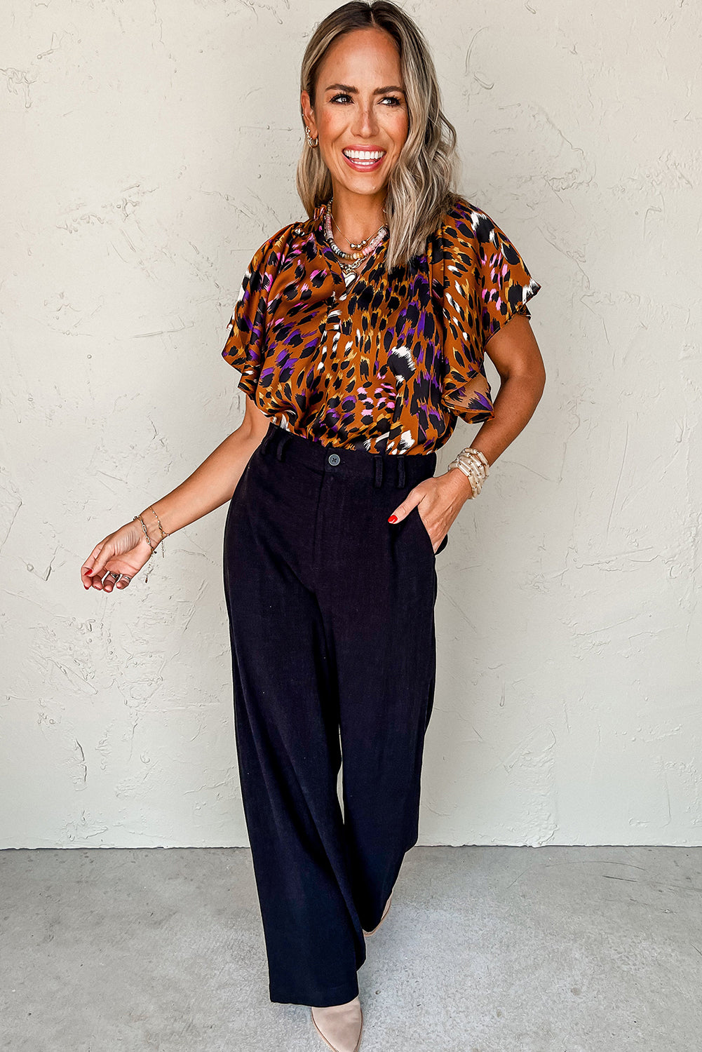 Orange Leopard Printed Short Sleeve Slit V Neck Blouse