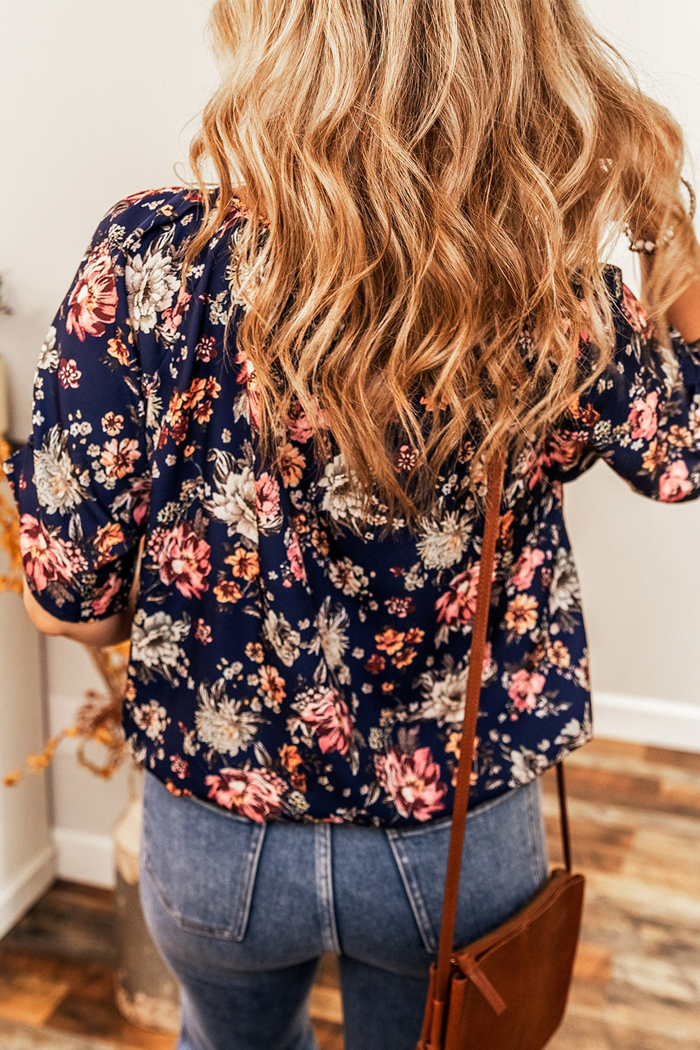Blue Floral Print Flounce Sleeve Boho Blouse