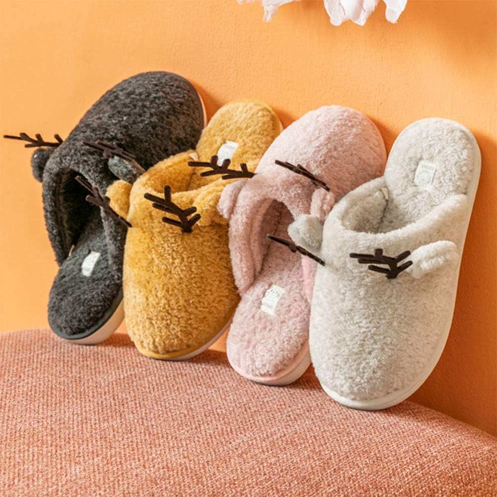 Women'S Cozy Fuzzy Fleece Slippers Memory Foam House Shoes Slide on Reindeer anti Slip Bedroom Slippers Indoor Outdoor