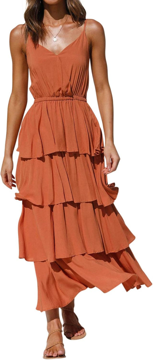 Women'S Summer Cotton Spaghetti Straps V-Neck Layered Ruffle Hem Boho Swing Midi Dress