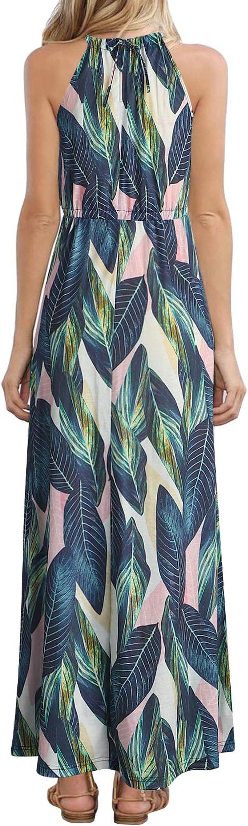 Womens Summer Sleeveless V Neck Spaghetti Strap Pockets Beach Boho Vacation Casual Spring Maxi Dress