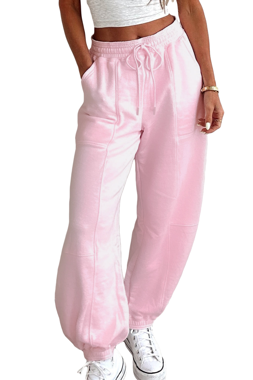 Light Pink Tie Elastic Waist Solid Color Patchwork Jogger Pants