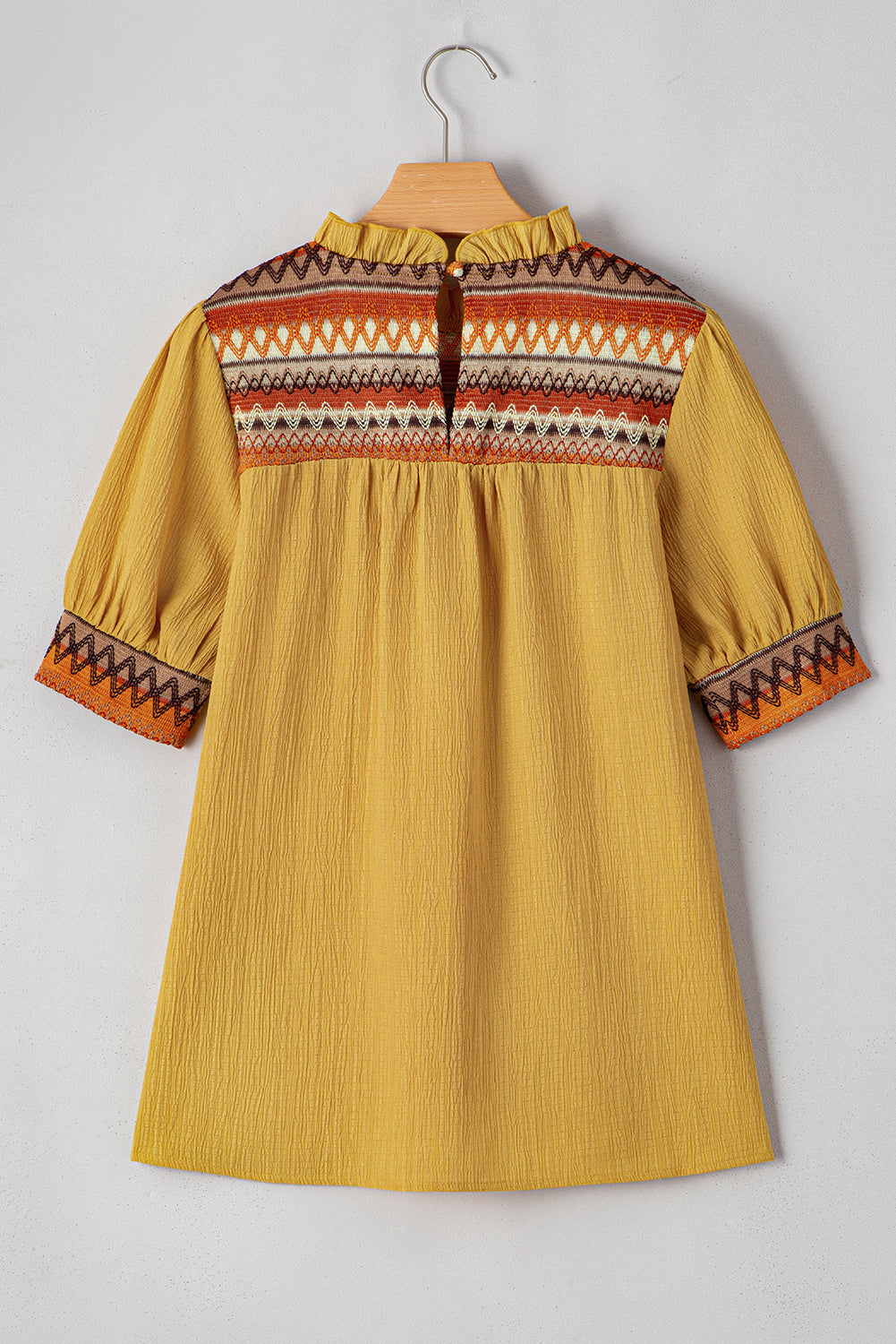 Mustard Geometric Short Puff Sleeve Frill Neck Blouse