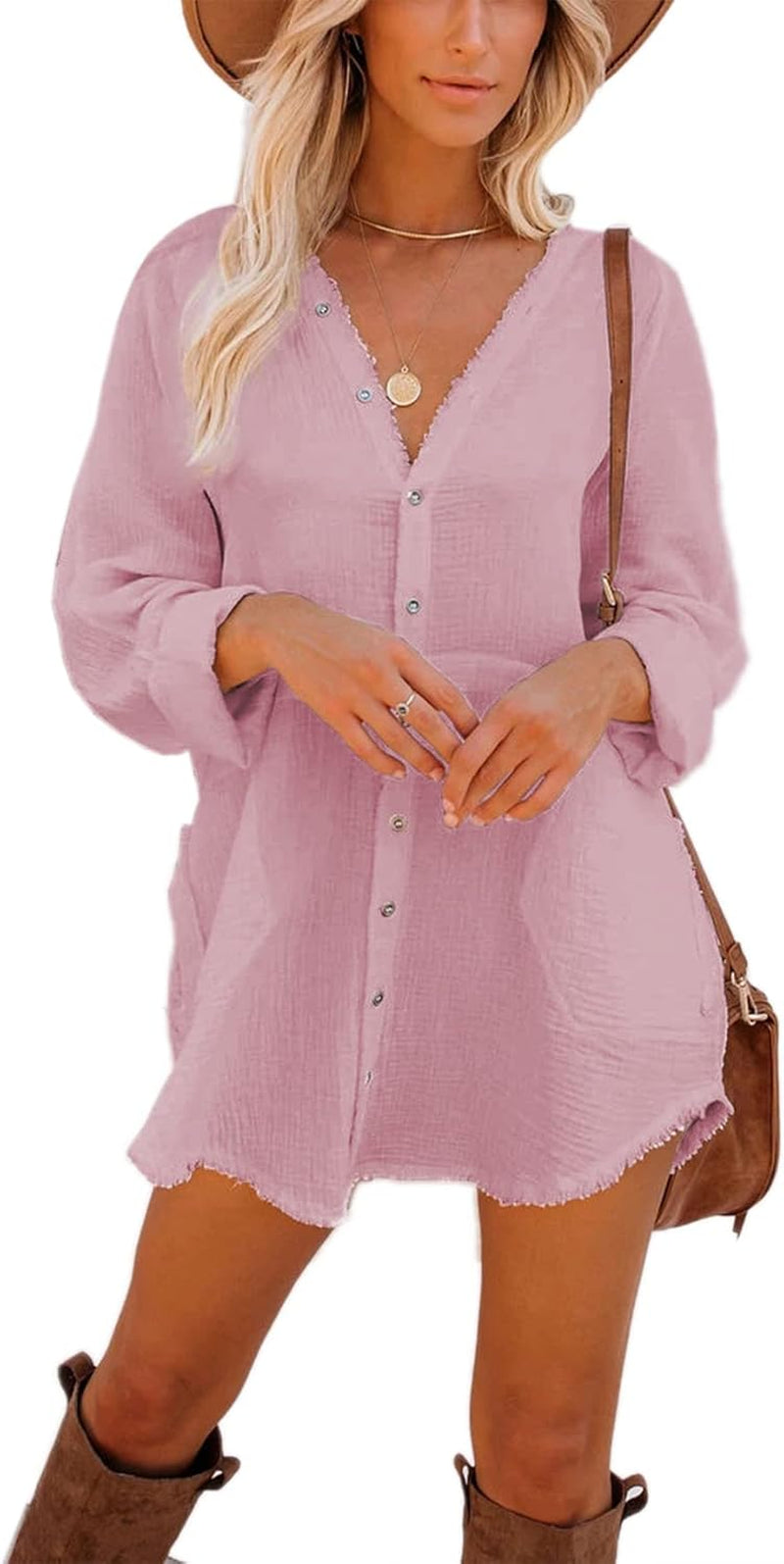 Women'S Long Sleeve Beach Cover-Ups Button down Oversized Tunic Dress Shirt Boho Dresses with Pockets