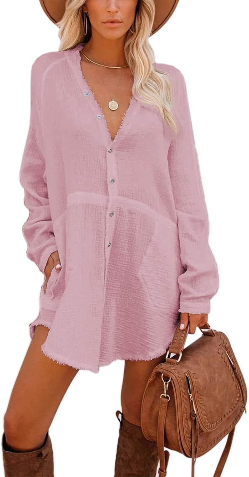 Women'S Long Sleeve Beach Cover-Ups Button down Oversized Tunic Dress Shirt Boho Dresses with Pockets
