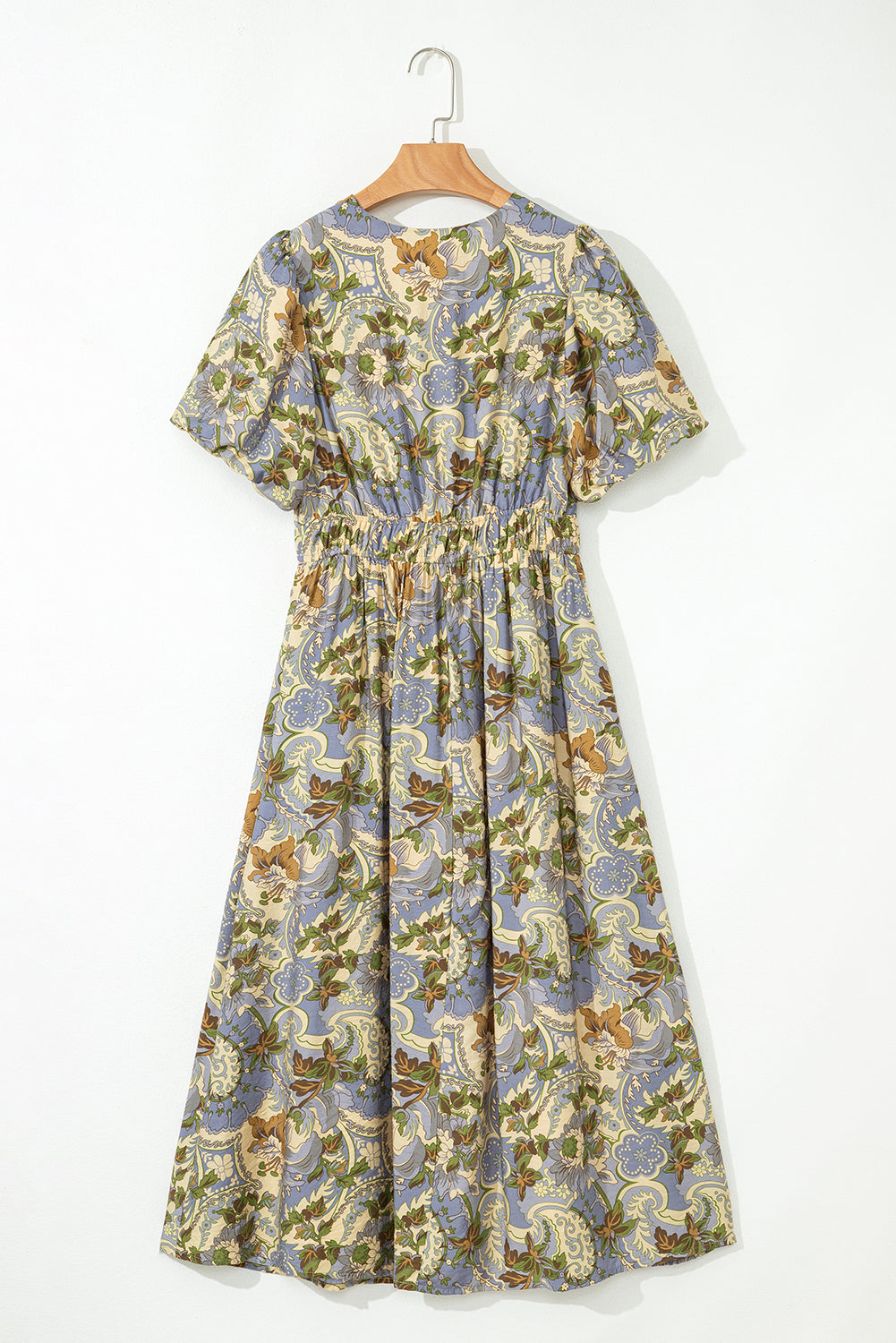 Multicolour Vintage Floral V Neck Short Puff Sleeve Maxi Dress