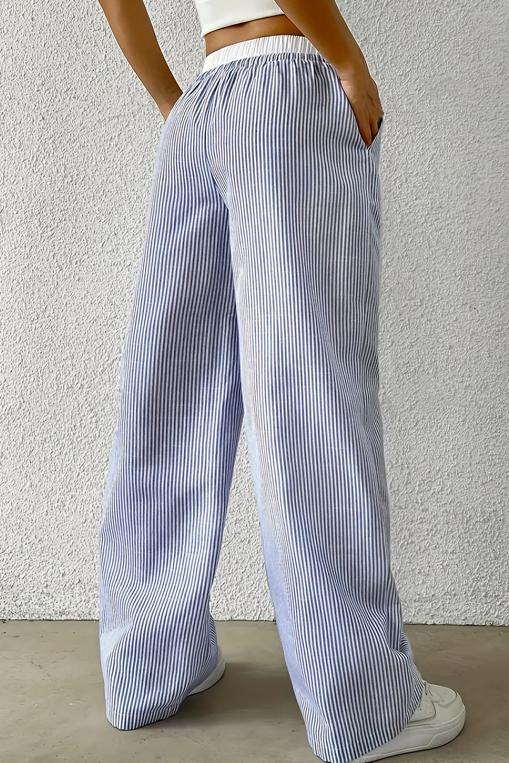 Sky Blue Stripe Drawstring  High Waist Pants