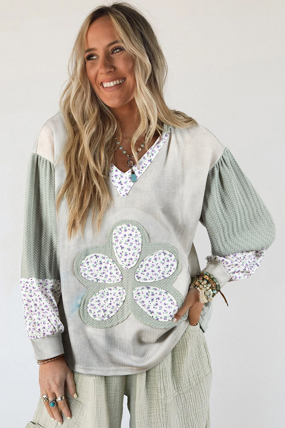 Green Floral Textured Colorblock Patchwork Lantern Sleeve Hooded Top