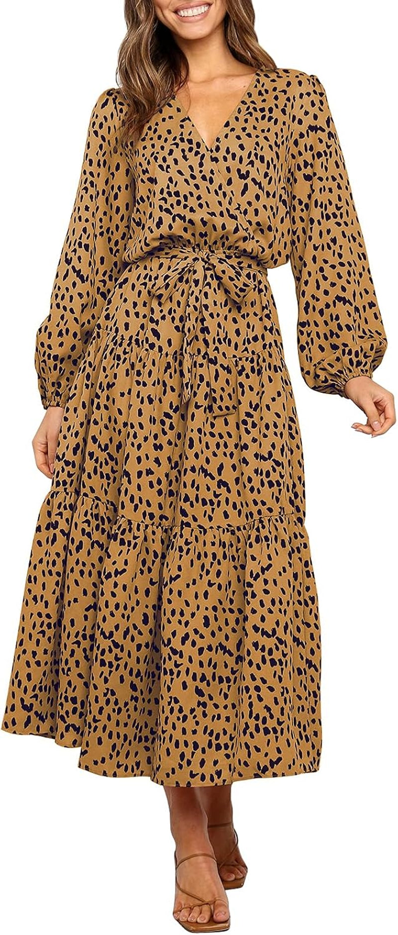 Women'S Boho Leopard Print Ruffle Long Sleeve V Neck Casual Flowy Party Maxi Dress