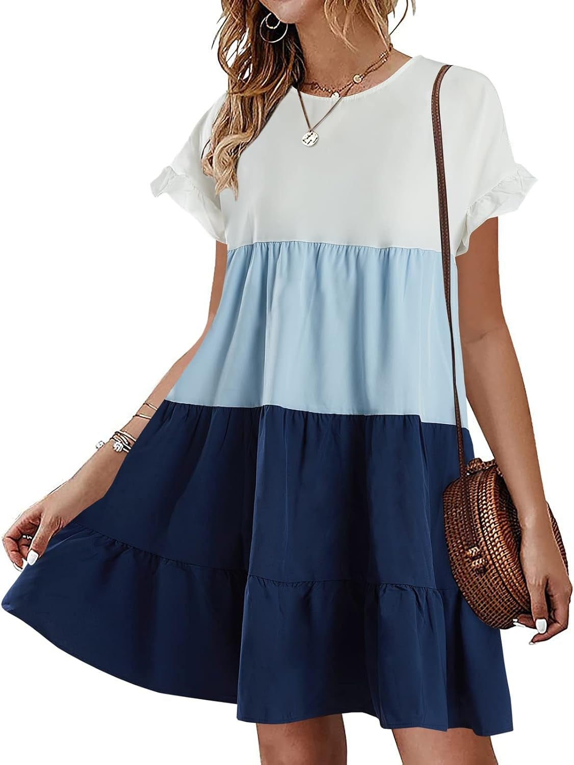 Womens Ruffles Boho Floral Printed Babydoll Loose Swing Casual Short Mini T-Shirt Dress